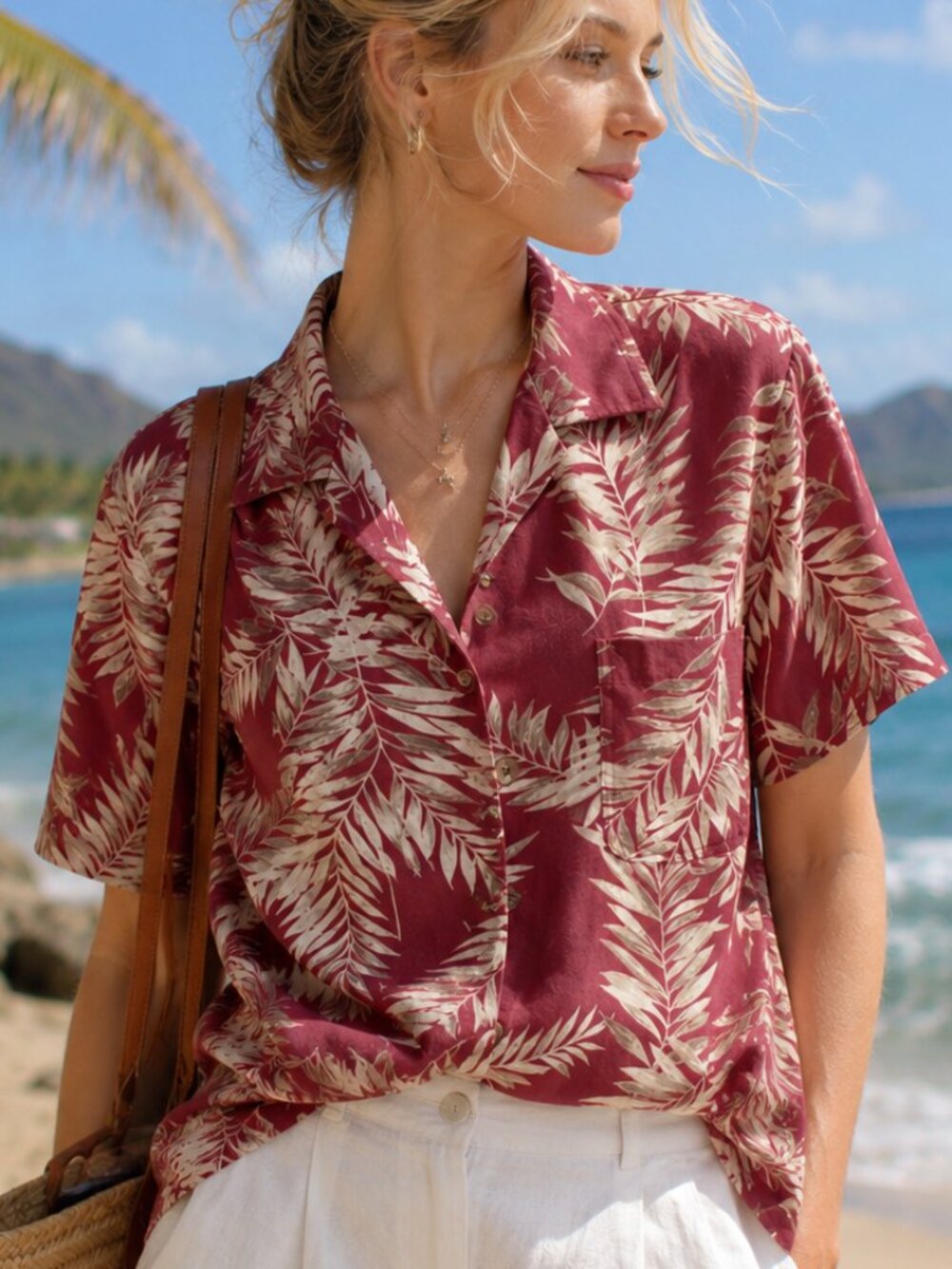 Tommy Bahama Burgundy Silk Camp Shirt with Cream Tropical Leaf Print